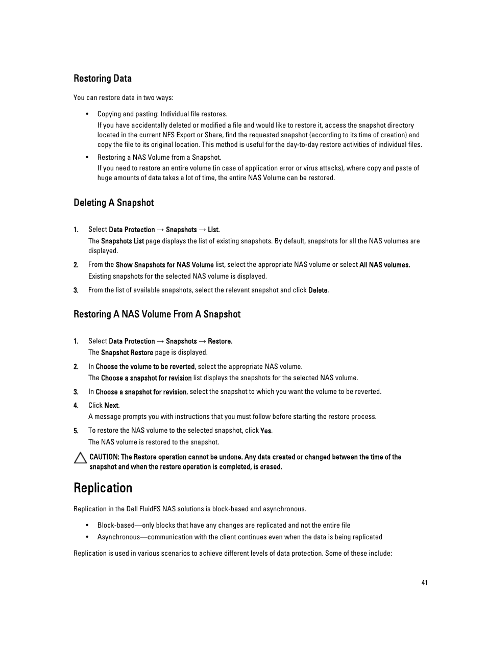 Restoring data, Deleting a snapshot, Restoring a nas volume from a snapshot | Replication | Dell PowerVault NX3600 User Manual | Page 41 / 117