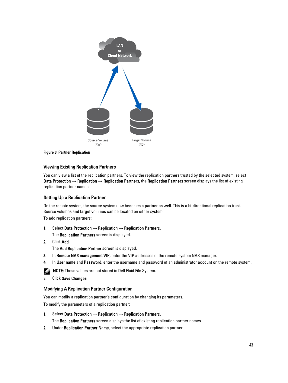 Viewing existing replication partners, Setting up a replication partner, Modifying a replication partner configuration | Dell PowerVault NX3600 User Manual | Page 43 / 117