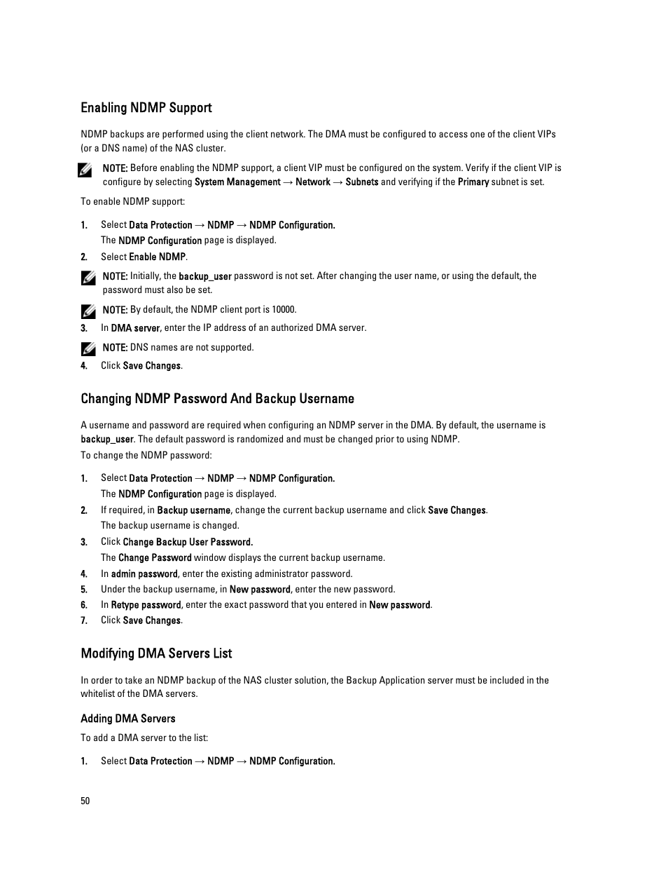 Enabling ndmp support, Changing ndmp password and backup username, Modifying dma servers list | Adding dma servers | Dell PowerVault NX3600 User Manual | Page 50 / 117