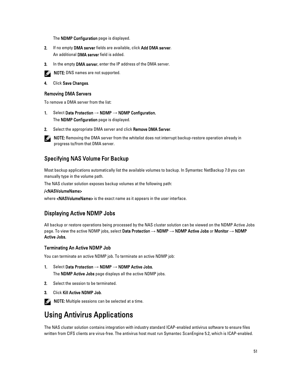 Removing dma servers, Specifying nas volume for backup, Displaying active ndmp jobs | Terminating an active ndmp job, Using antivirus applications | Dell PowerVault NX3600 User Manual | Page 51 / 117