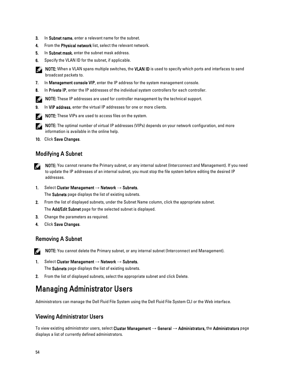 Modifying a subnet, Removing a subnet, Managing administrator users | Viewing administrator users | Dell PowerVault NX3600 User Manual | Page 54 / 117