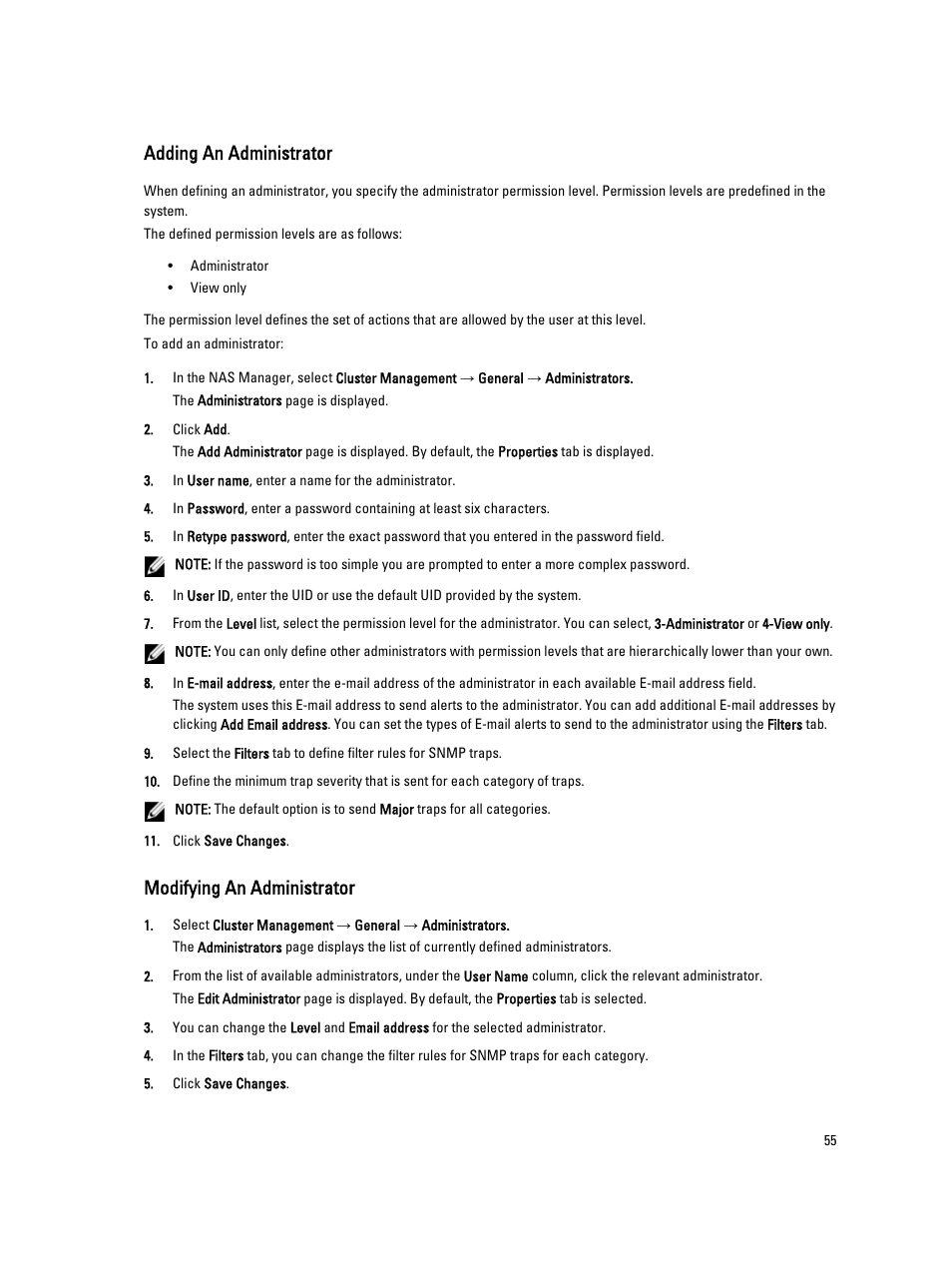 Adding an administrator, Modifying an administrator | Dell PowerVault NX3600 User Manual | Page 55 / 117