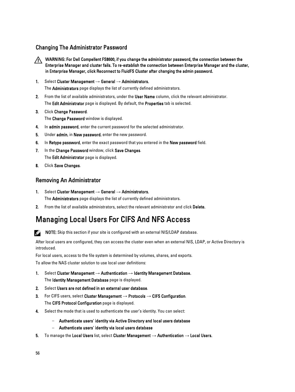 Changing the administrator password, Removing an administrator, Managing local users for cifs and nfs access | Dell PowerVault NX3600 User Manual | Page 56 / 117