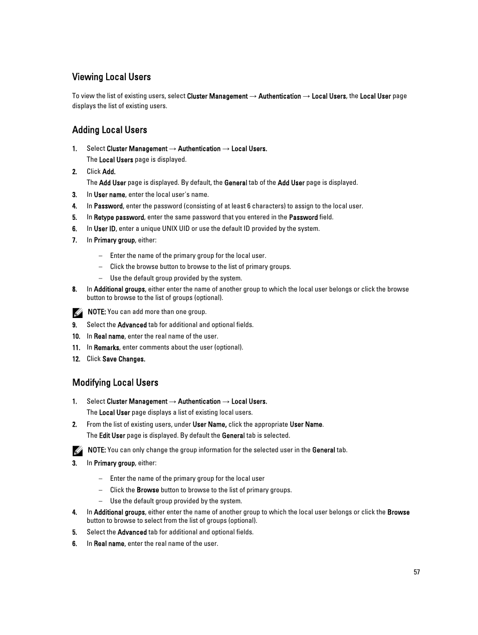 Viewing local users, Adding local users, Modifying local users | Dell PowerVault NX3600 User Manual | Page 57 / 117