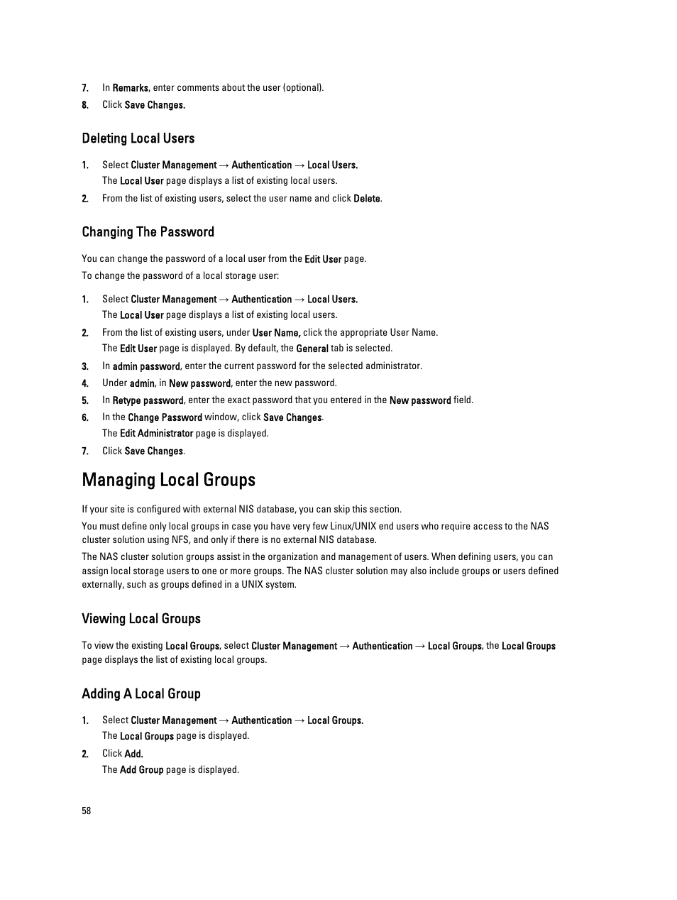 Deleting local users, Changing the password, Managing local groups | Viewing local groups, Adding a local group | Dell PowerVault NX3600 User Manual | Page 58 / 117