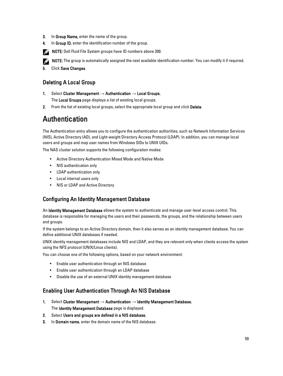 Deleting a local group, Authentication, Configuring an identity management database | Dell PowerVault NX3600 User Manual | Page 59 / 117