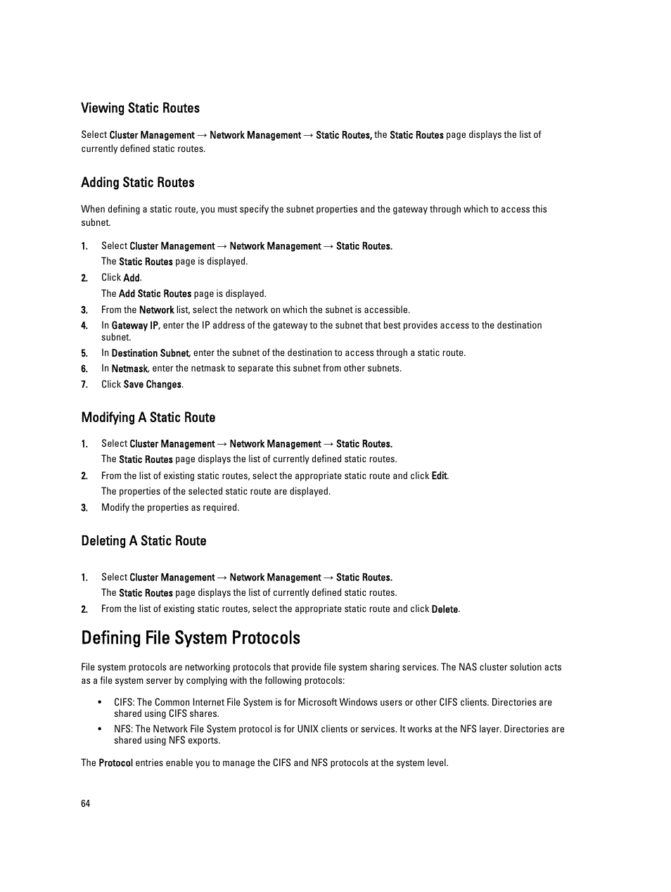 Viewing static routes, Adding static routes, Modifying a static route | Deleting a static route, Defining file system protocols | Dell PowerVault NX3600 User Manual | Page 64 / 117