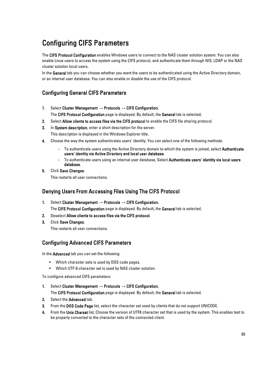 Configuring cifs parameters, Configuring general cifs parameters, Configuring advanced cifs parameters | Dell PowerVault NX3600 User Manual | Page 65 / 117