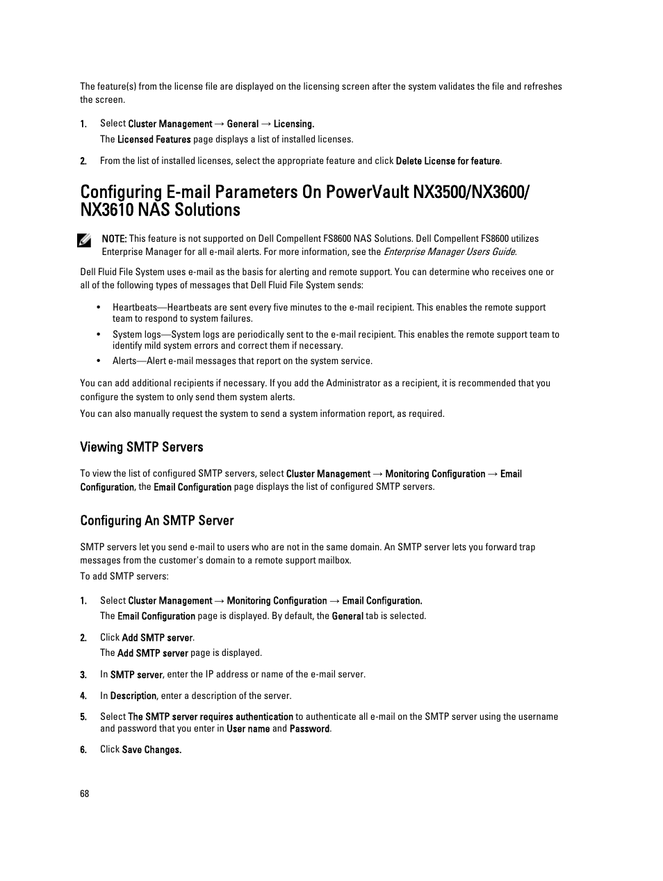 Viewing smtp servers, Configuring an smtp server | Dell PowerVault NX3600 User Manual | Page 68 / 117