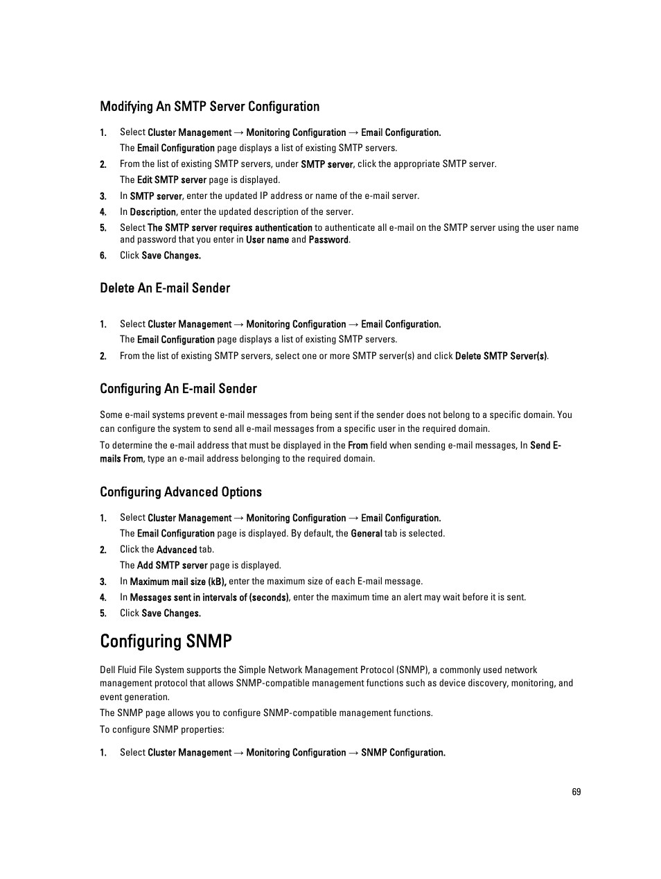 Modifying an smtp server configuration, Delete an e-mail sender, Configuring an e-mail sender | Configuring advanced options, Configuring snmp | Dell PowerVault NX3600 User Manual | Page 69 / 117