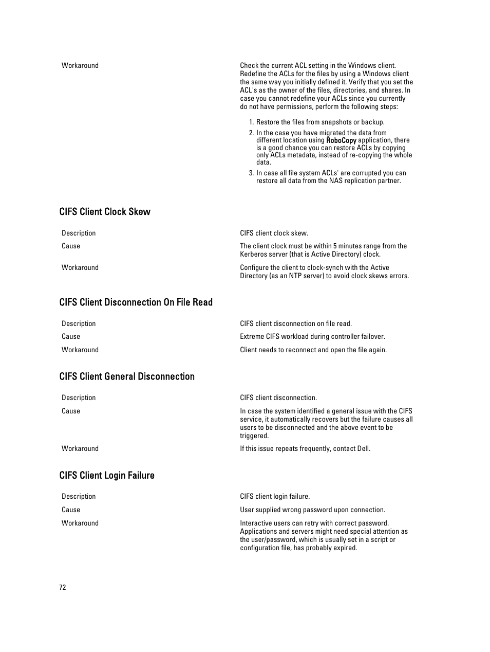 Cifs client clock skew, Cifs client disconnection on file read, Cifs client general disconnection | Cifs client login failure | Dell PowerVault NX3600 User Manual | Page 72 / 117
