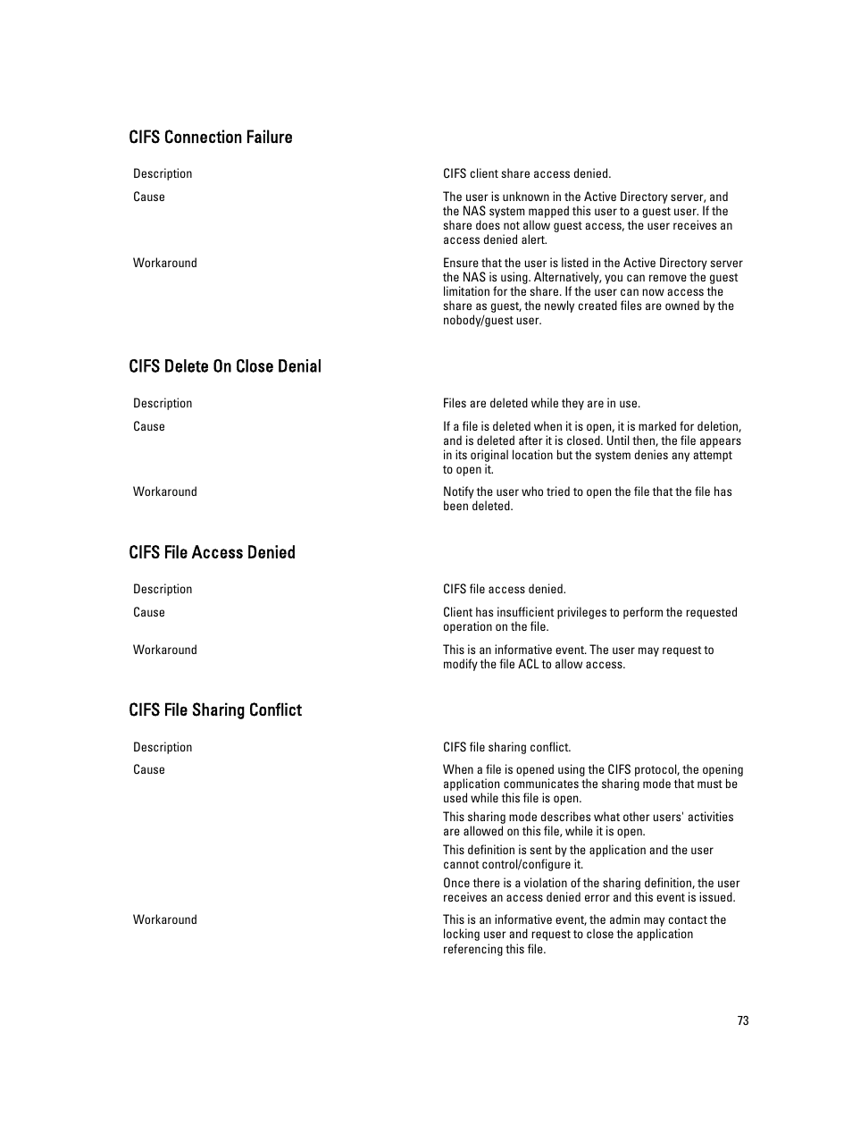 Cifs connection failure, Cifs delete on close denial, Cifs file access denied | Cifs file sharing conflict | Dell PowerVault NX3600 User Manual | Page 73 / 117