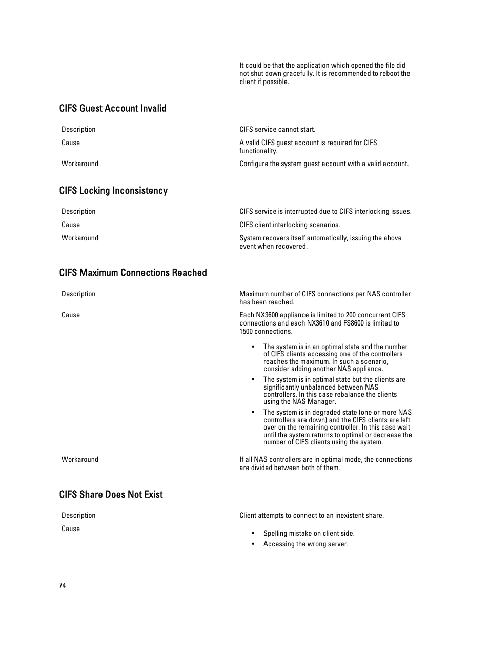 Cifs guest account invalid, Cifs locking inconsistency, Cifs maximum connections reached | Cifs share does not exist | Dell PowerVault NX3600 User Manual | Page 74 / 117