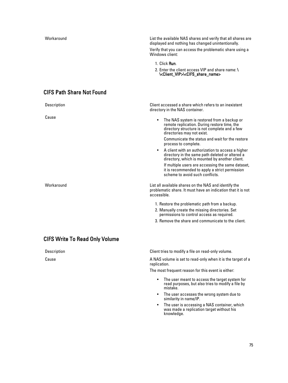 Cifs path share not found, Cifs write to read only volume | Dell PowerVault NX3600 User Manual | Page 75 / 117