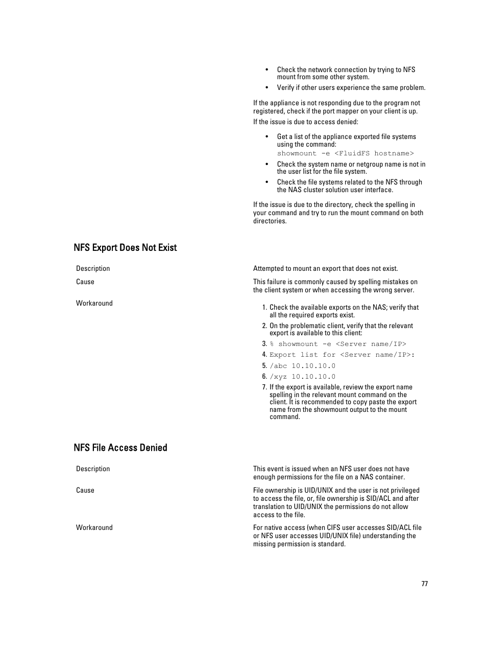 Nfs export does not exist, Nfs file access denied | Dell PowerVault NX3600 User Manual | Page 77 / 117