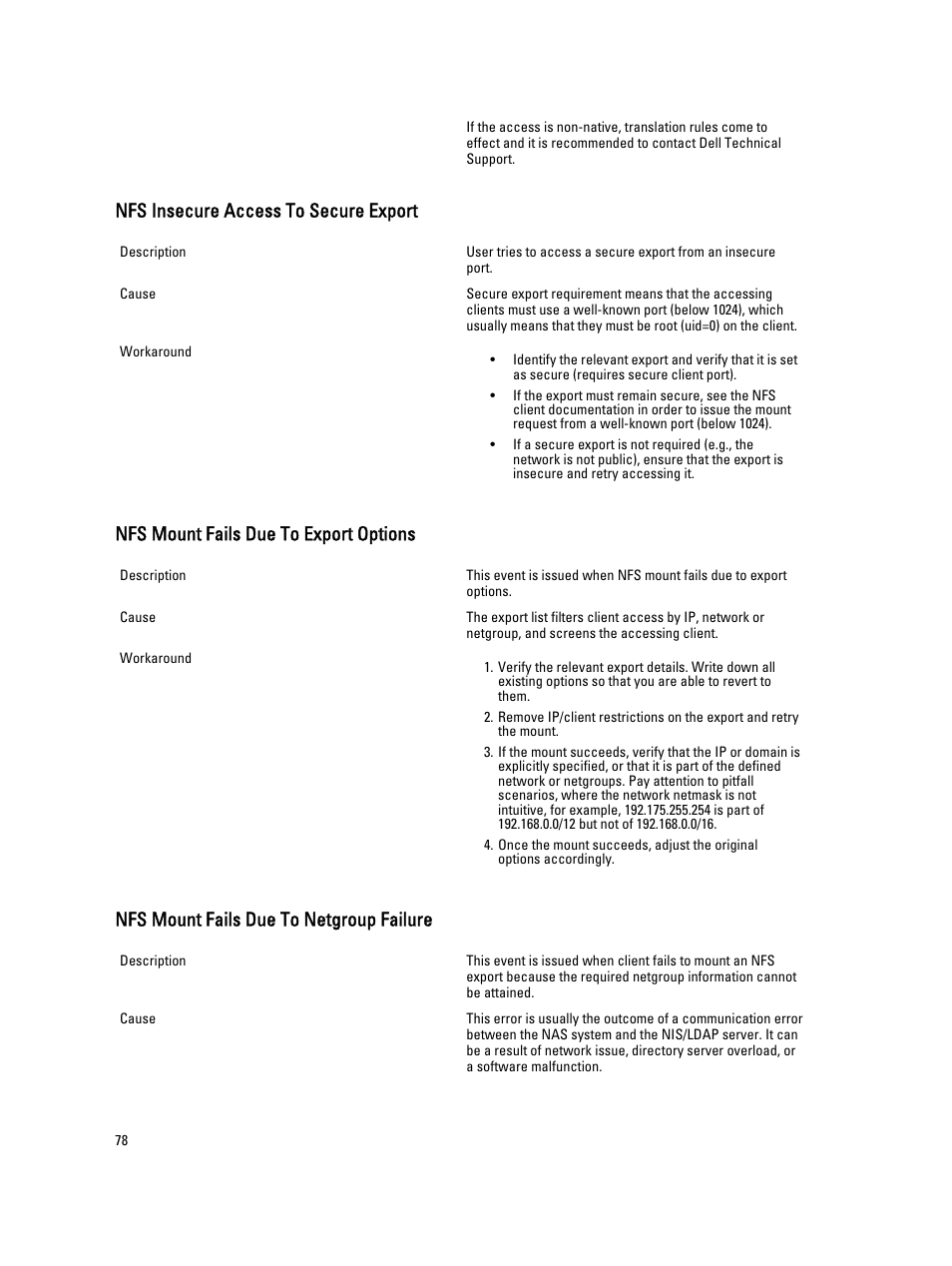 Nfs insecure access to secure export, Nfs mount fails due to export options, Nfs mount fails due to netgroup failure | Dell PowerVault NX3600 User Manual | Page 78 / 117