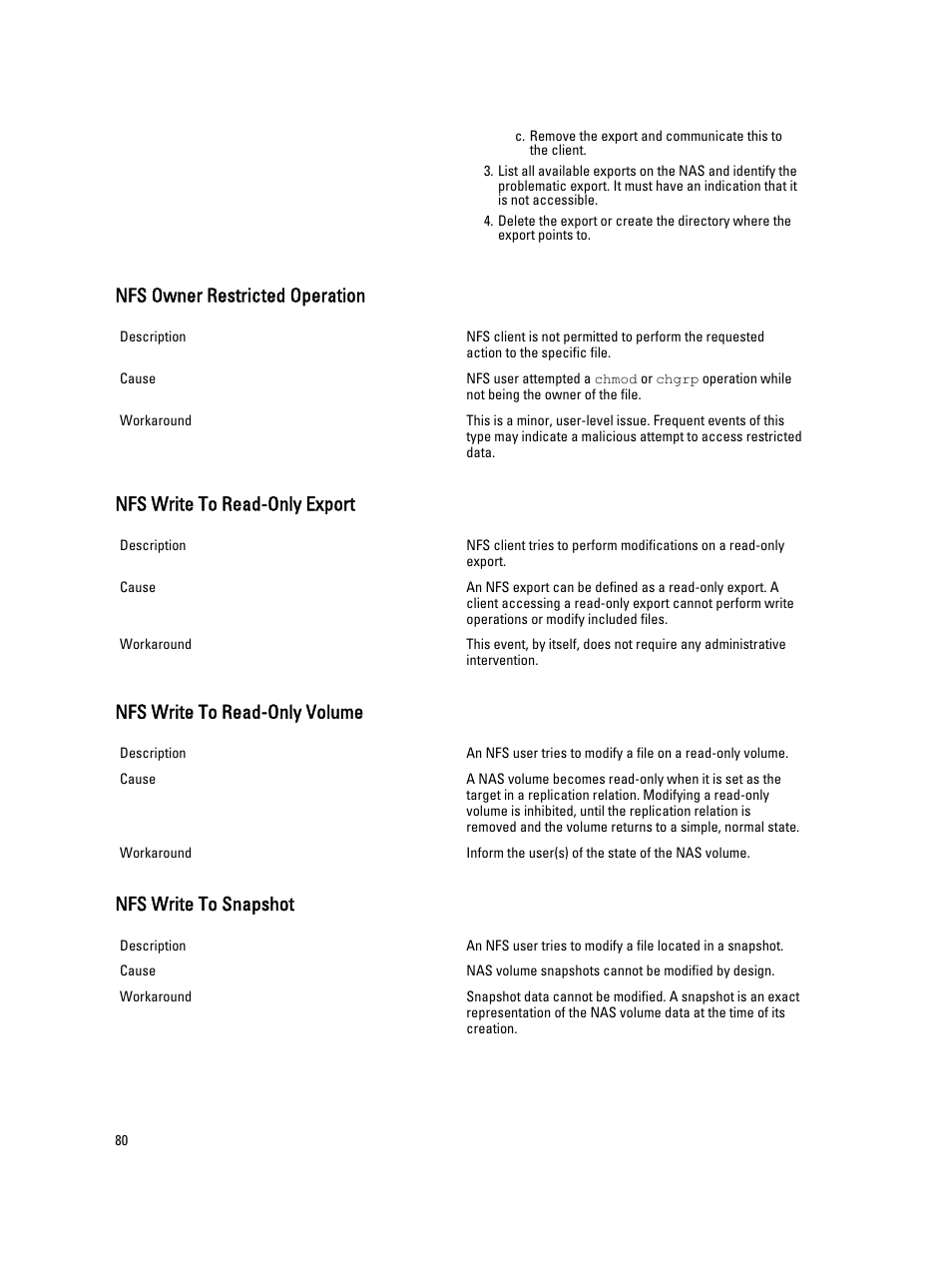 Nfs owner restricted operation, Nfs write to read-only export, Nfs write to read-only volume | Nfs write to snapshot | Dell PowerVault NX3600 User Manual | Page 80 / 117