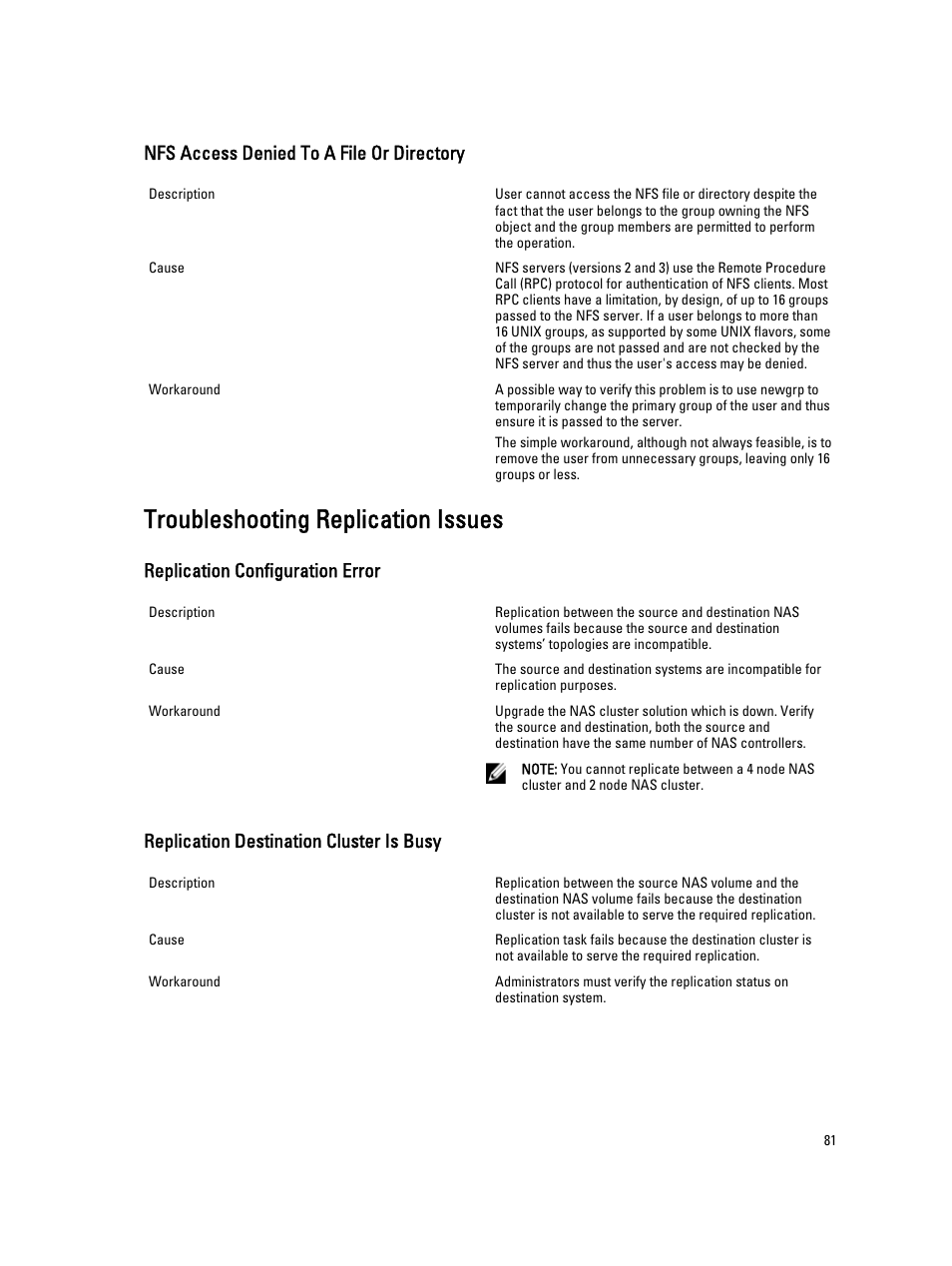 Nfs access denied to a file or directory, Troubleshooting replication issues, Replication configuration error | Replication destination cluster is busy | Dell PowerVault NX3600 User Manual | Page 81 / 117
