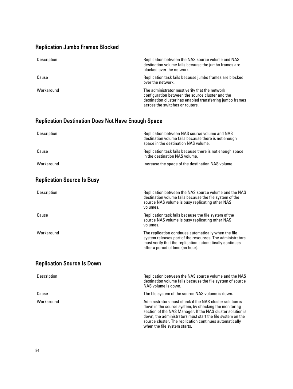 Replication jumbo frames blocked, Replication destination does not have enough space, Replication source is busy | Replication source is down | Dell PowerVault NX3600 User Manual | Page 84 / 117