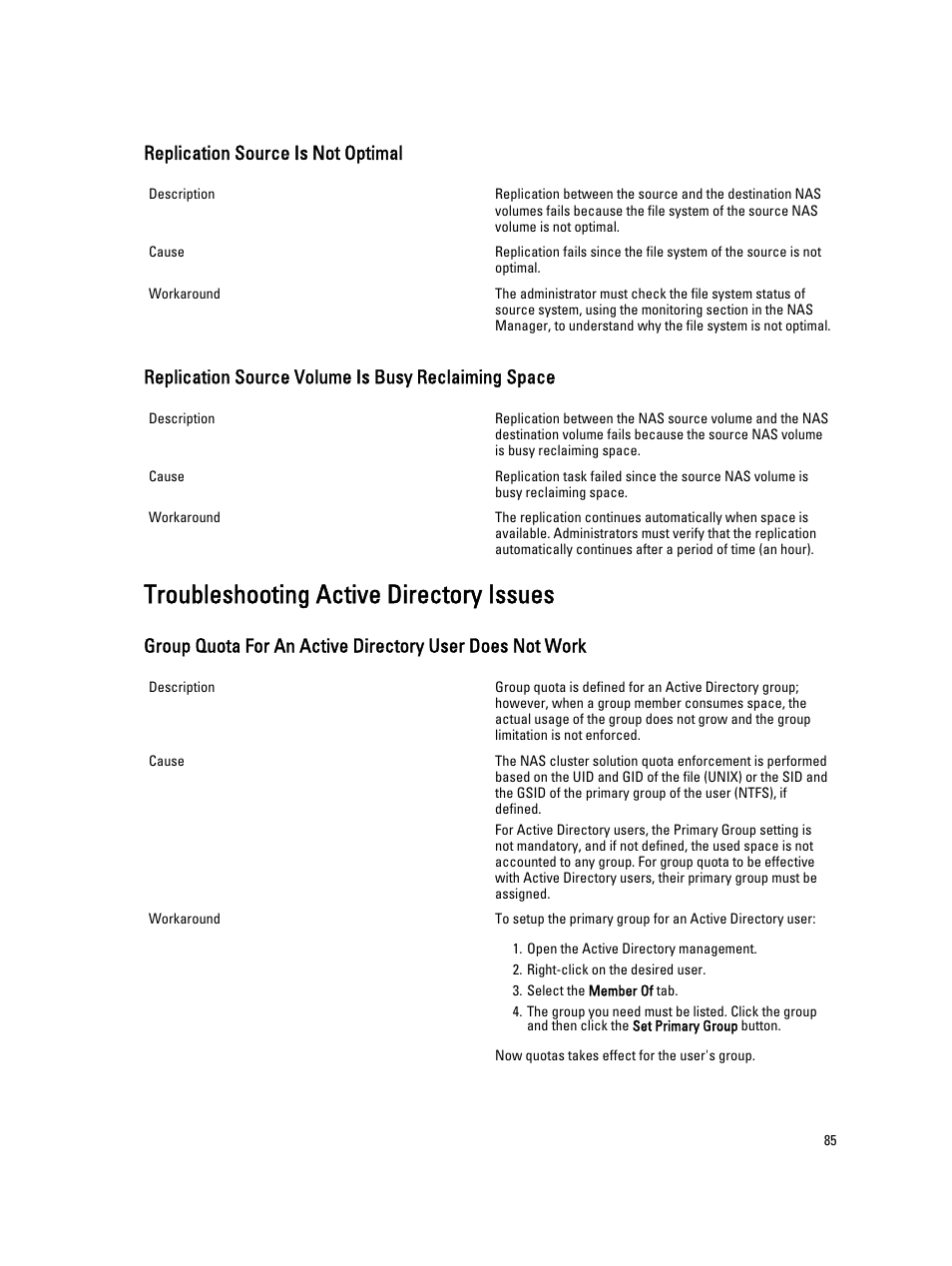 Replication source is not optimal, Replication source volume is busy reclaiming space, Troubleshooting active directory issues | Dell PowerVault NX3600 User Manual | Page 85 / 117