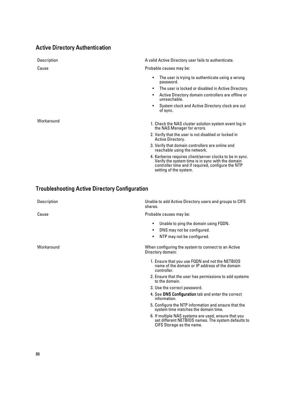 Active directory authentication, Troubleshooting active directory configuration | Dell PowerVault NX3600 User Manual | Page 86 / 117