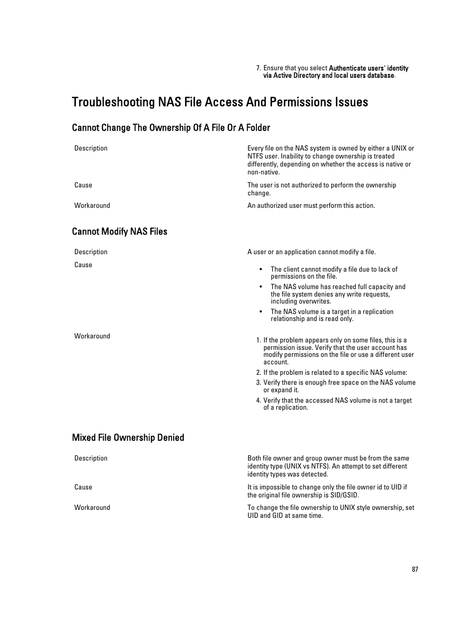 Cannot change the ownership of a file or a folder, Cannot modify nas files, Mixed file ownership denied | Dell PowerVault NX3600 User Manual | Page 87 / 117
