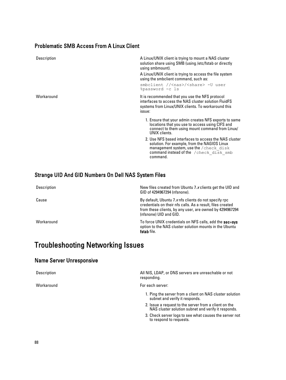 Problematic smb access from a linux client, Troubleshooting networking issues, Name server unresponsive | Dell PowerVault NX3600 User Manual | Page 88 / 117