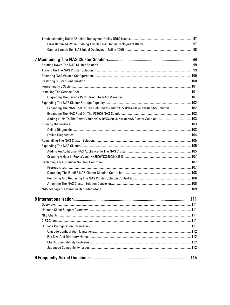 7 maintaining the nas cluster solution, 8 internationalization, 9 frequently asked questions | Dell PowerVault NX3600 User Manual | Page 9 / 117