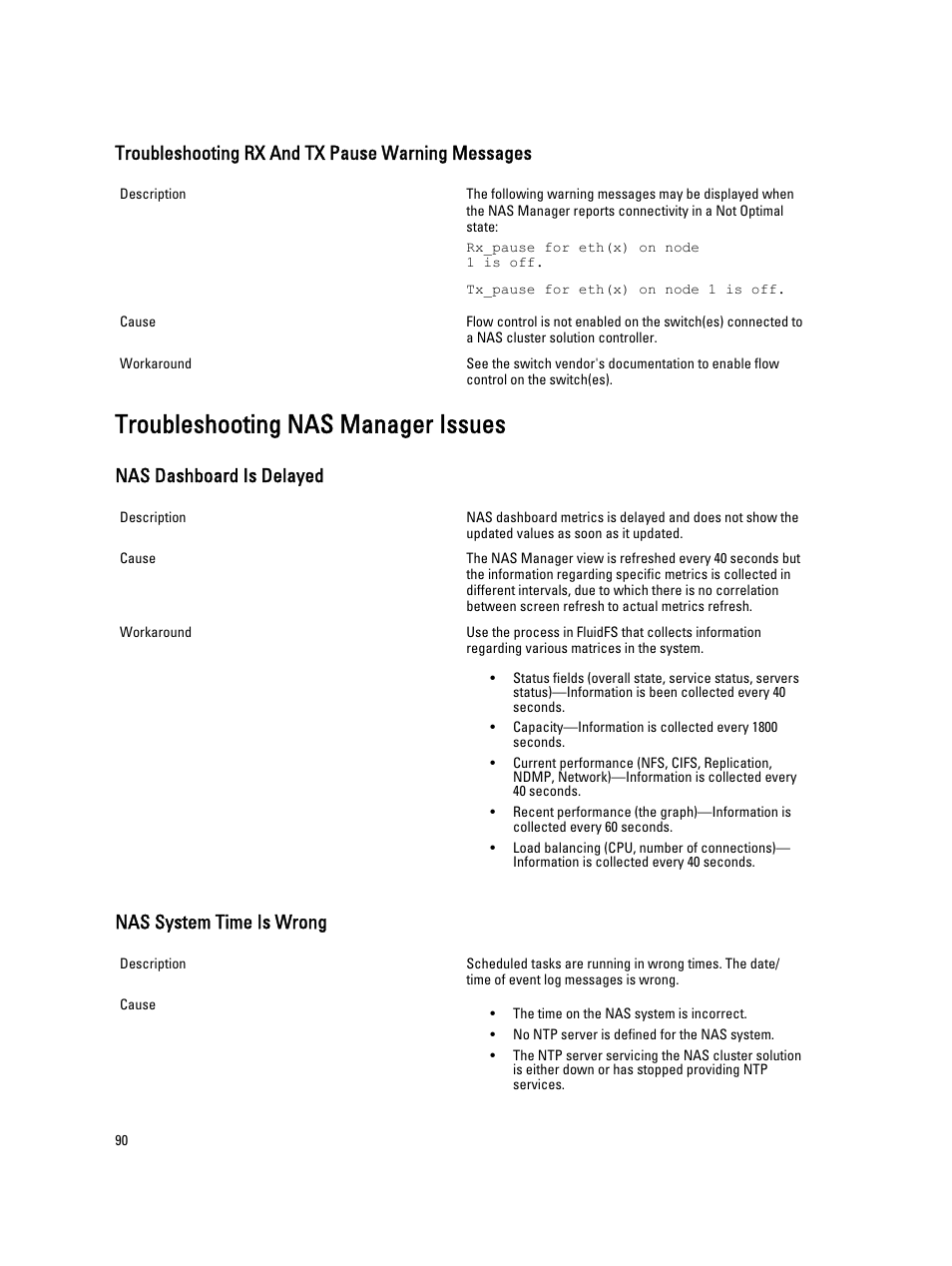 Troubleshooting rx and tx pause warning messages, Troubleshooting nas manager issues, Nas dashboard is delayed | Nas system time is wrong | Dell PowerVault NX3600 User Manual | Page 90 / 117