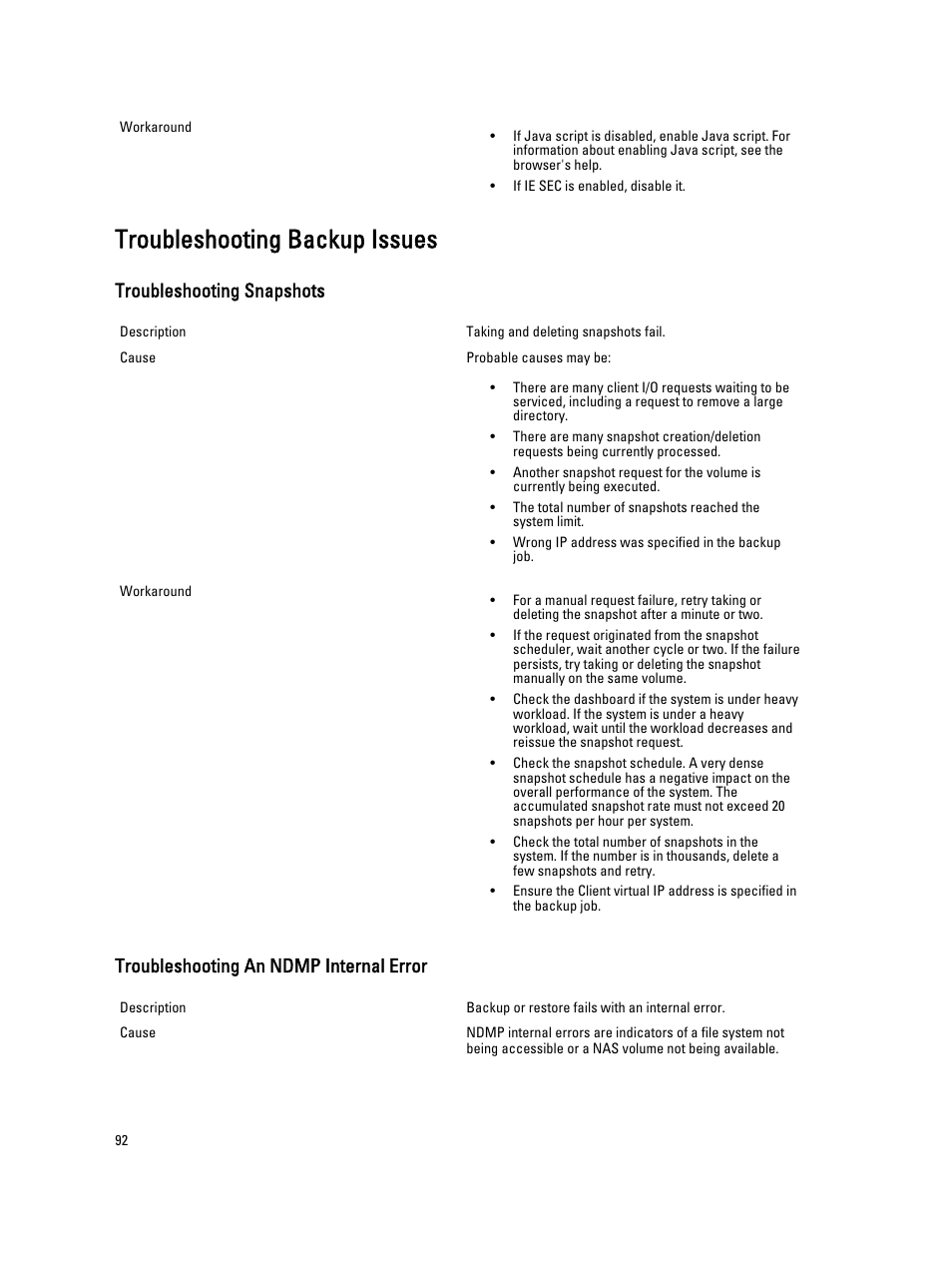 Troubleshooting backup issues, Troubleshooting snapshots, Troubleshooting an ndmp internal error | Dell PowerVault NX3600 User Manual | Page 92 / 117