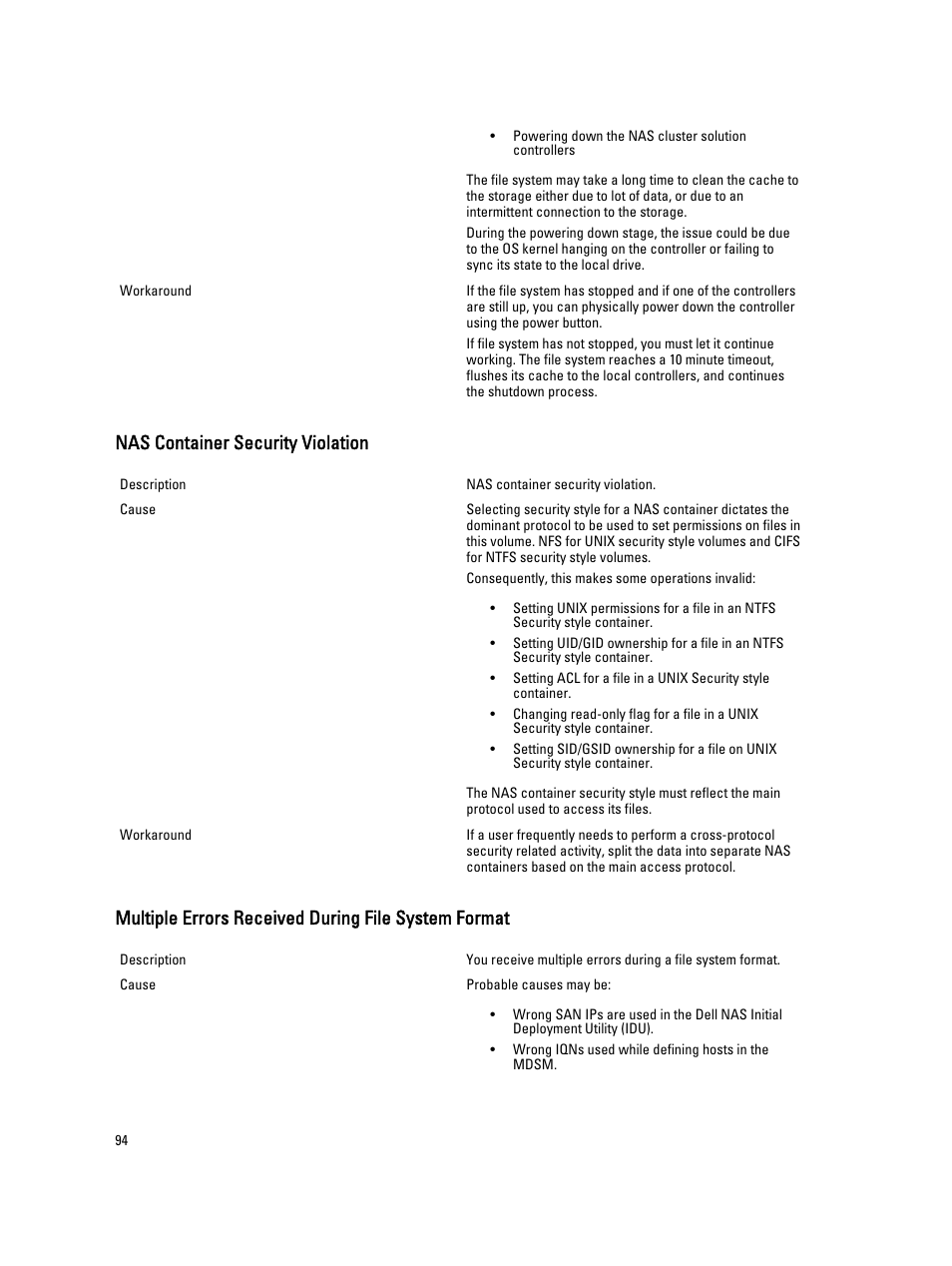 Nas container security violation, Multiple errors received during file system format | Dell PowerVault NX3600 User Manual | Page 94 / 117