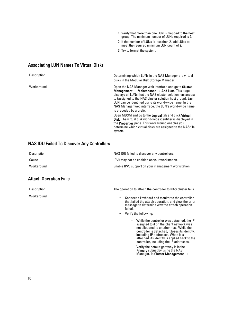 Associating lun names to virtual disks, Nas idu failed to discover any controllers, Attach operation fails | Dell PowerVault NX3600 User Manual | Page 96 / 117