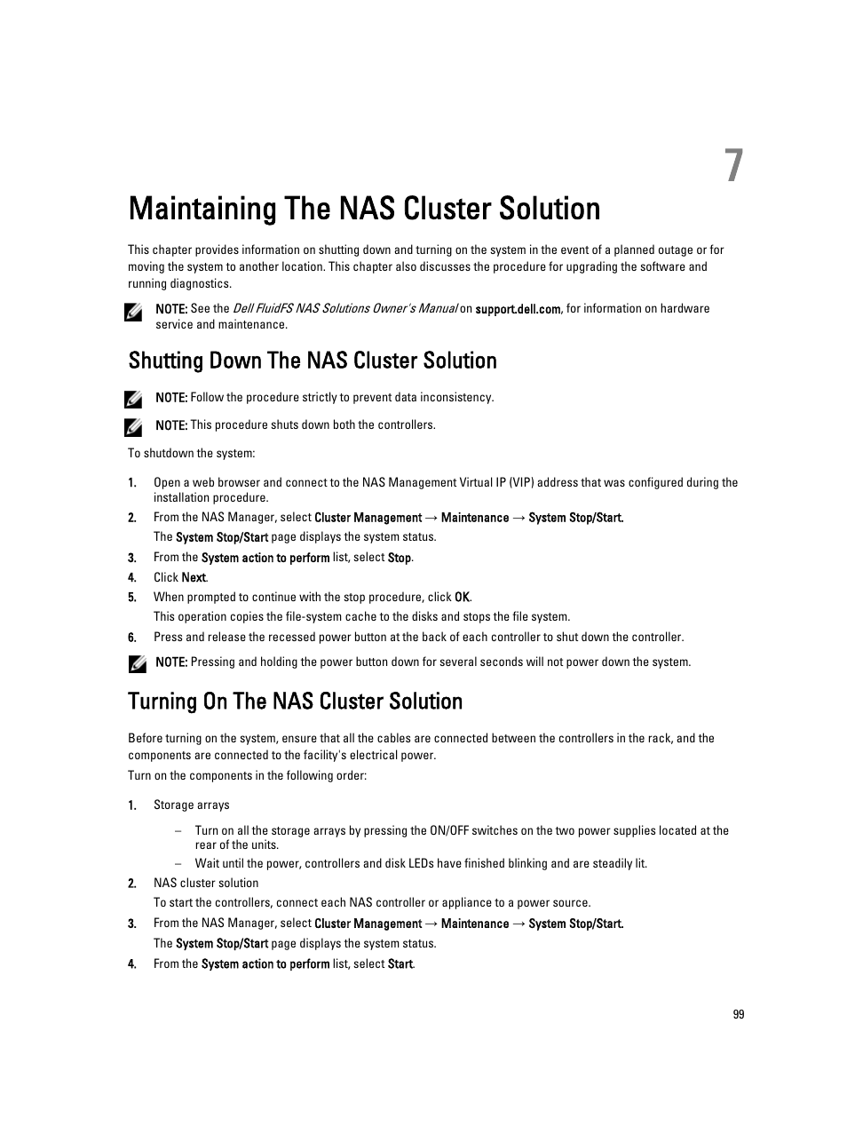 Maintaining the nas cluster solution, Shutting down the nas cluster solution, Turning on the nas cluster solution | 7 maintaining the nas cluster solution | Dell PowerVault NX3600 User Manual | Page 99 / 117