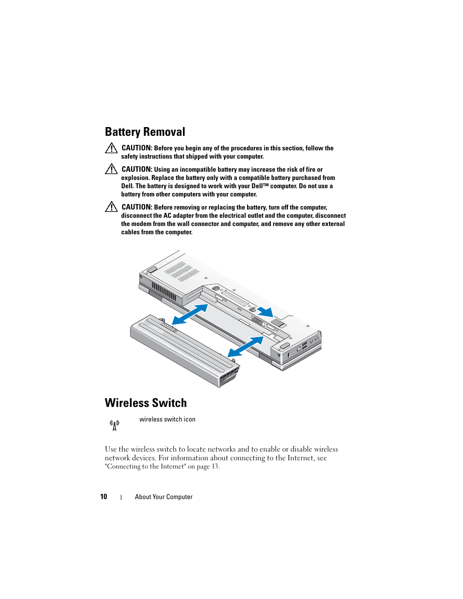 Battery removal, Wireless switch | Dell Latitude E5500 User Manual | Page 10 / 66