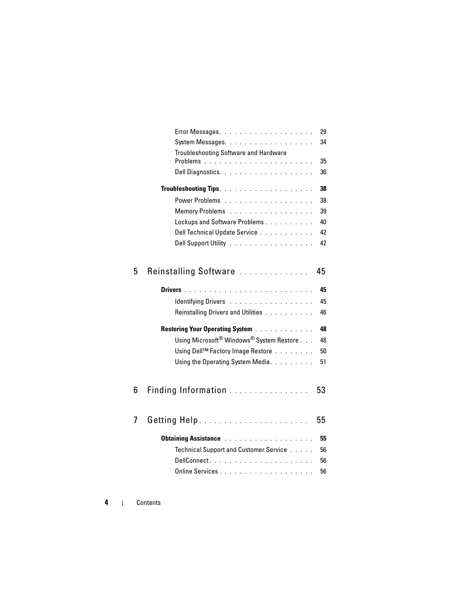 5reinstalling software, 6finding information, 53 7 getting help | Dell Latitude E5500 User Manual | Page 4 / 66