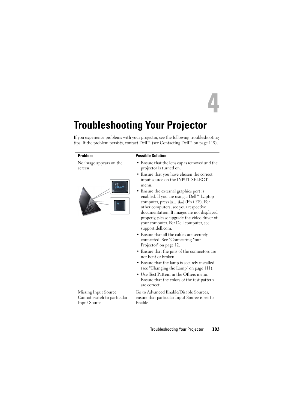 Troubleshooting your projector, See "troubleshooting your, Troubleshooting your | Dell S300wi Projector User Manual | Page 104 / 127