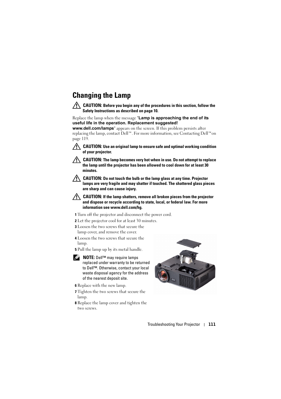 Changing the lamp | Dell S300wi Projector User Manual | Page 112 / 127