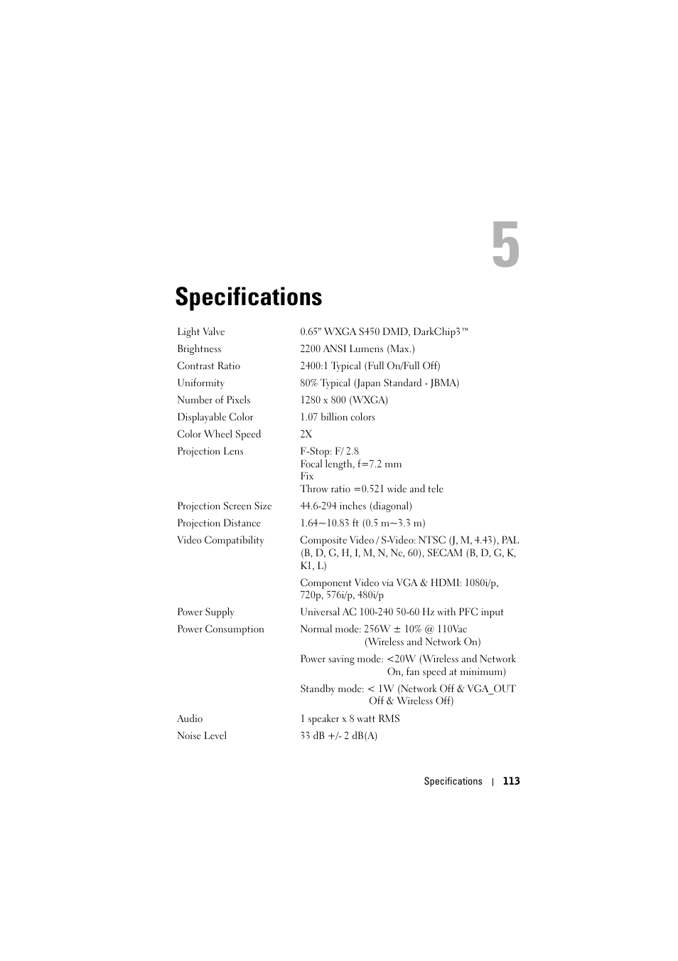 Specifications | Dell S300wi Projector User Manual | Page 114 / 127