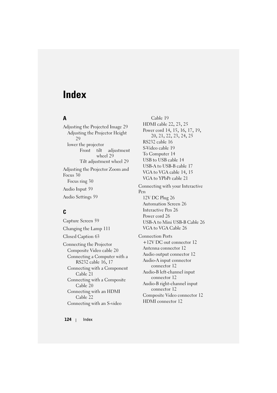 Index | Dell S300wi Projector User Manual | Page 125 / 127