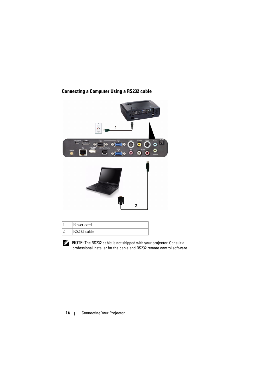 Connecting a computer using a rs232 cable | Dell S300wi Projector User Manual | Page 16 / 127