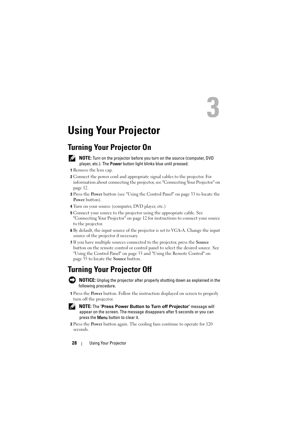 Using your projector, Turning your projector on, Turning your projector off | Dell S300wi Projector User Manual | Page 28 / 127