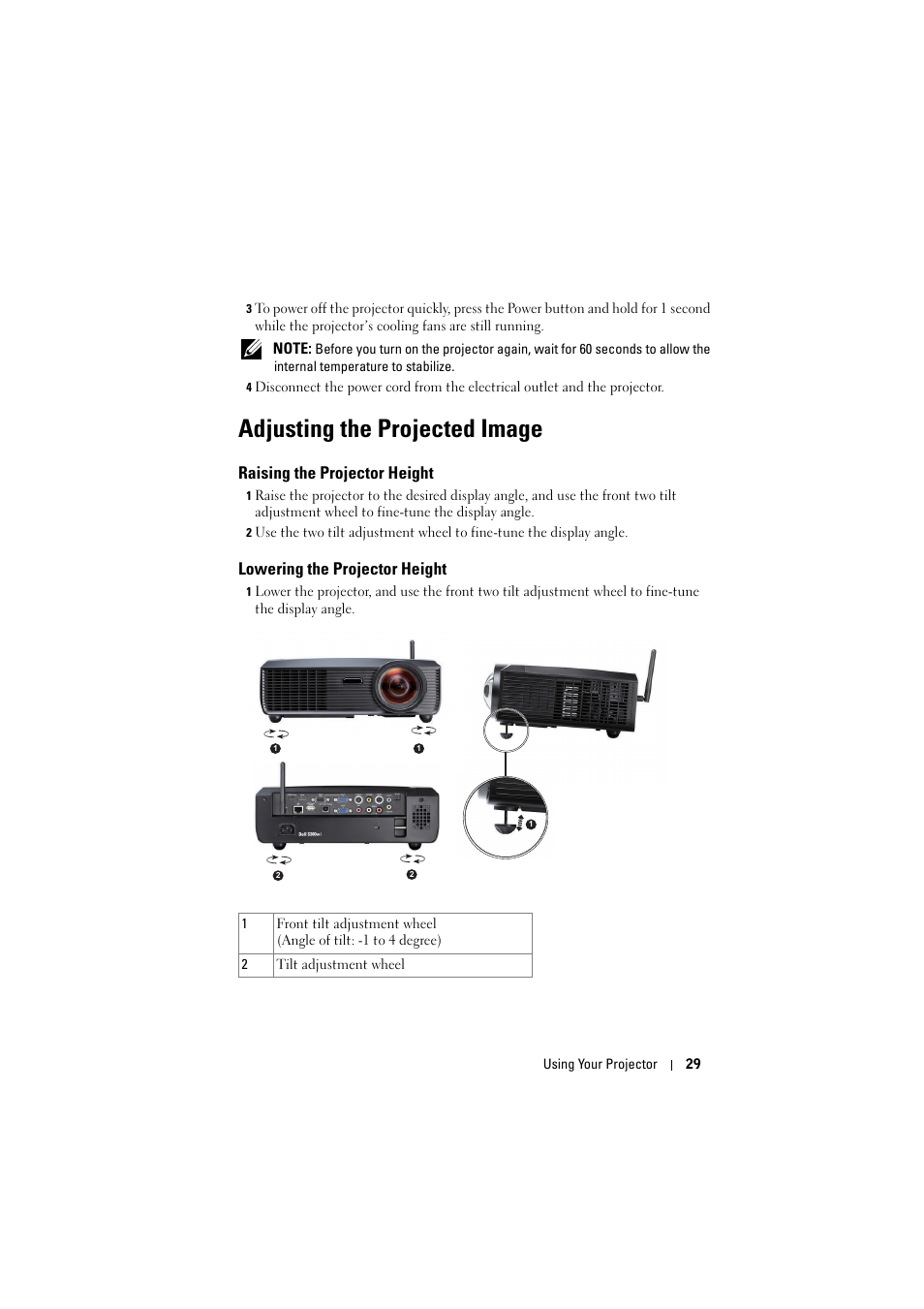 Adjusting the projected image, Raising the projector height, Lowering the projector height | Dell S300wi Projector User Manual | Page 29 / 127