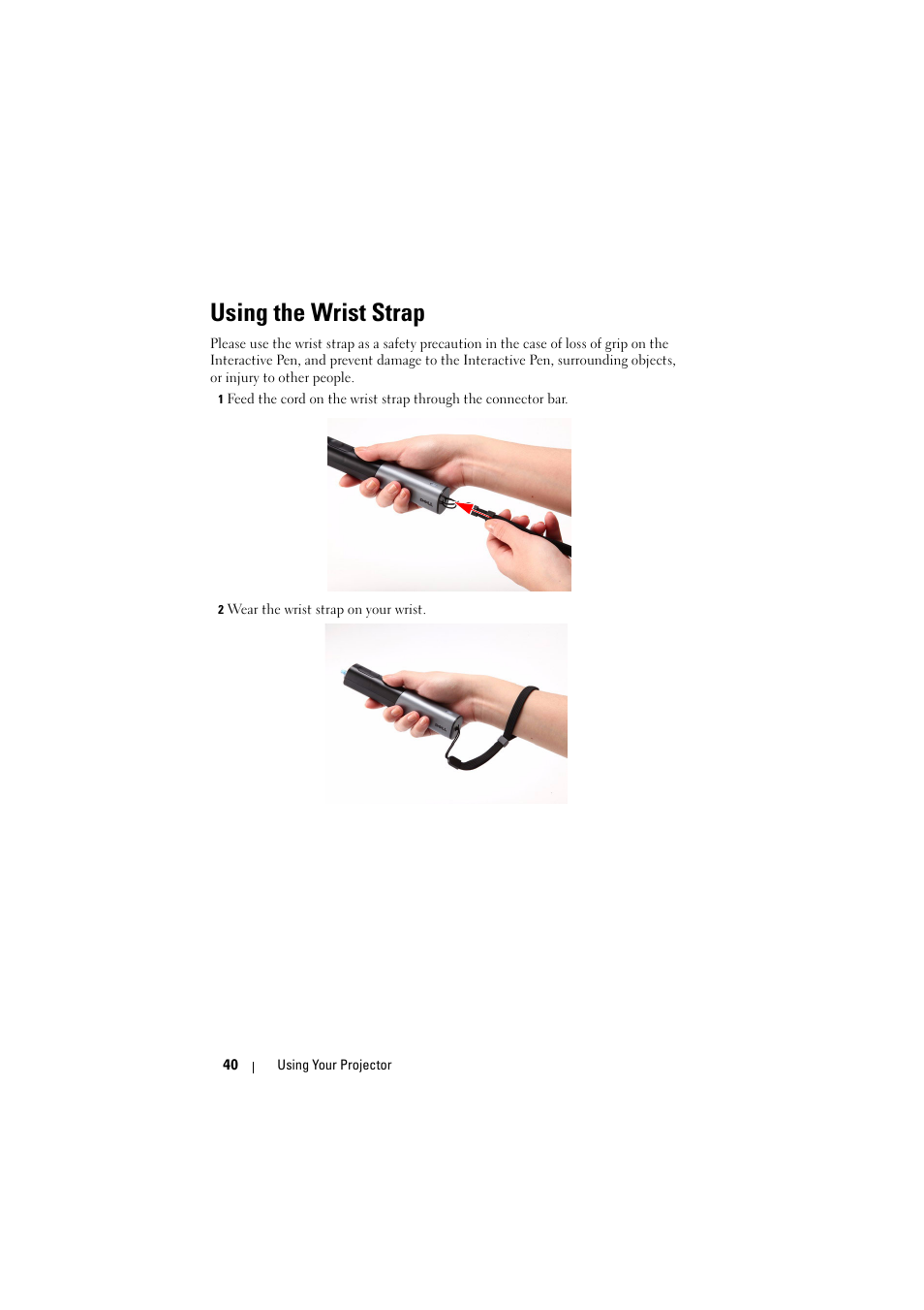 Using the wrist strap | Dell S300wi Projector User Manual | Page 40 / 127