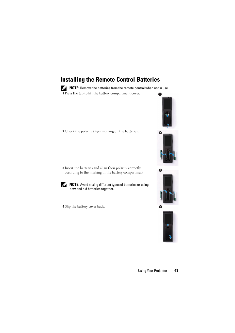 Installing the remote control batteries | Dell S300wi Projector User Manual | Page 41 / 127