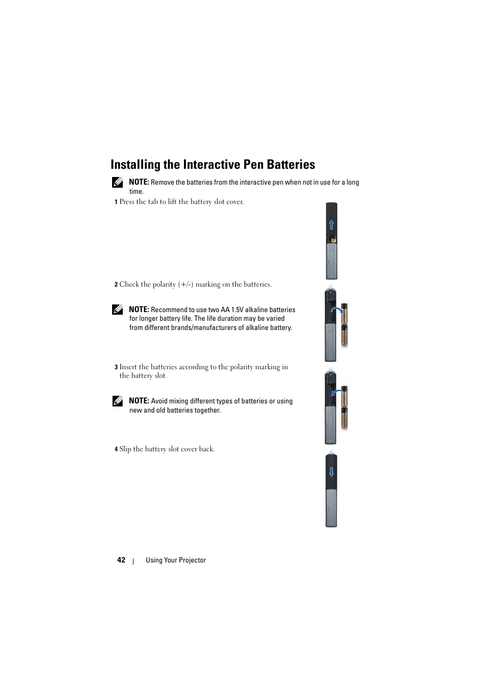 Installing the interactive pen batteries | Dell S300wi Projector User Manual | Page 42 / 127