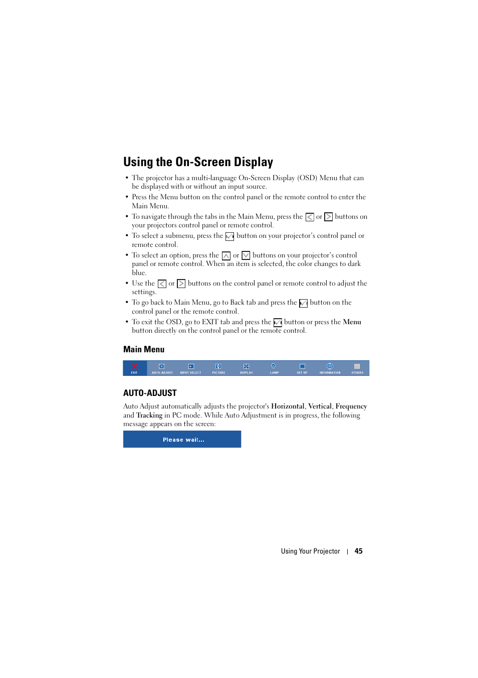Using the on-screen display, Main menu, Auto-adjust | Dell S300wi Projector User Manual | Page 45 / 127