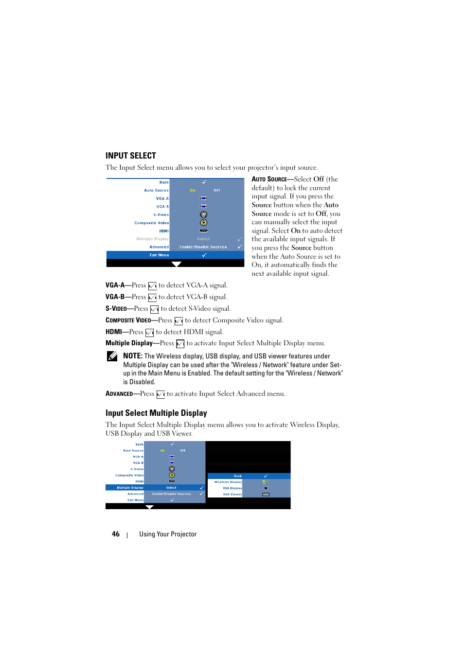 Input select, Input select multiple display | Dell S300wi Projector User Manual | Page 46 / 127