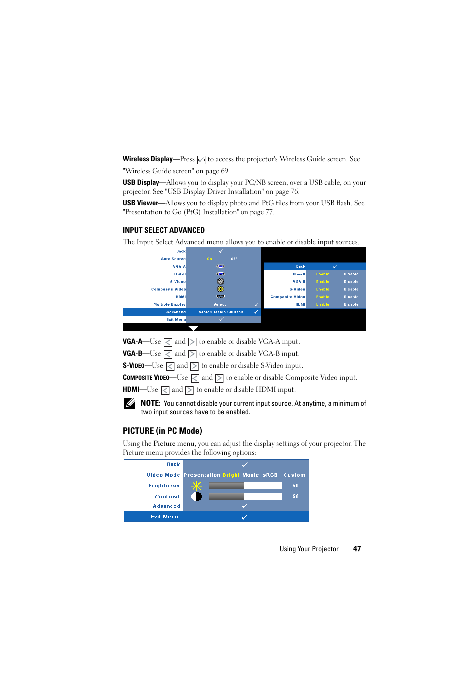 Input select advanced, Picture (in pc mode) | Dell S300wi Projector User Manual | Page 47 / 127