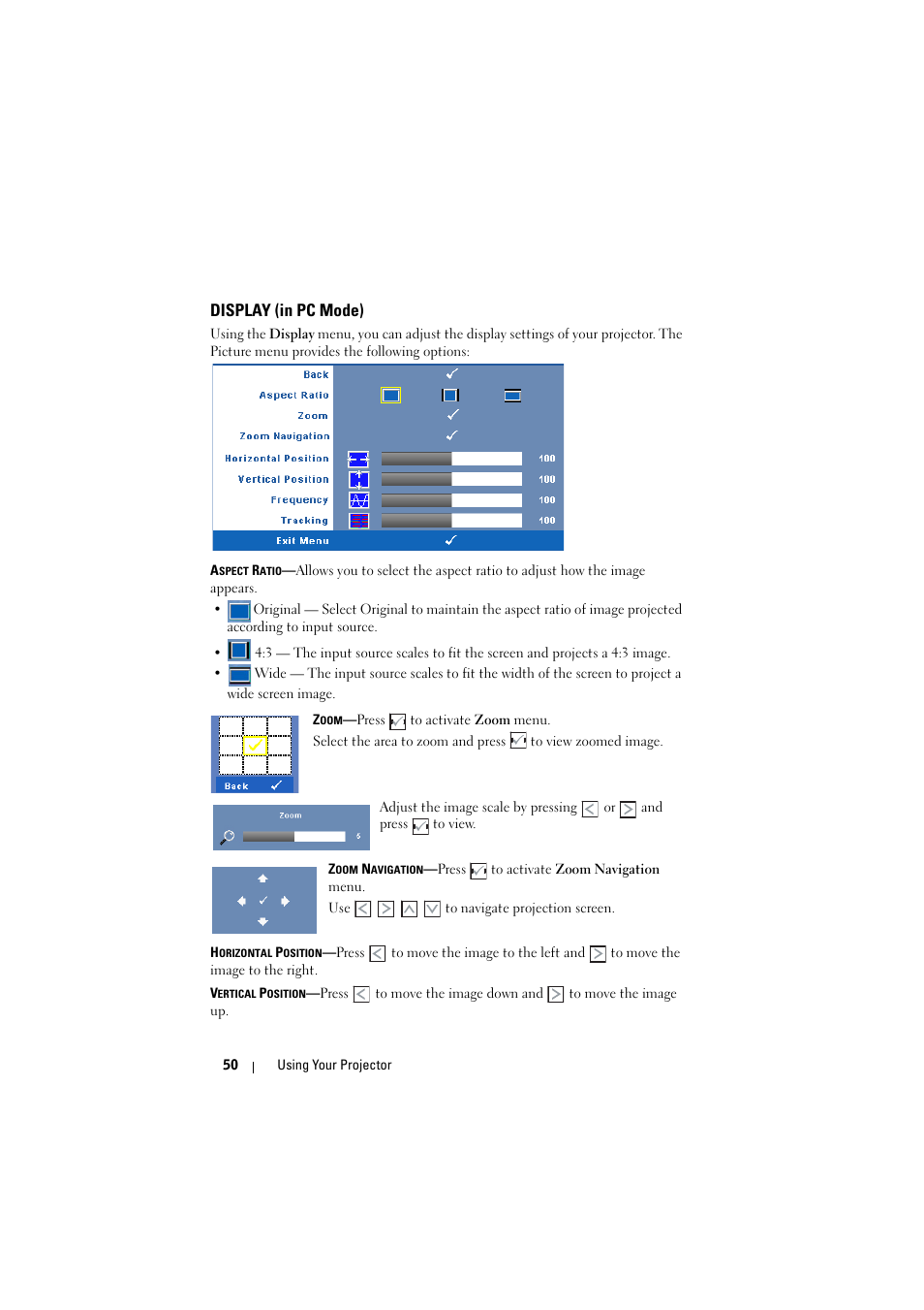 Display (in pc mode) | Dell S300wi Projector User Manual | Page 50 / 127