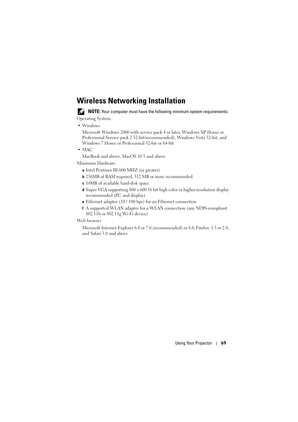 Wireless networking installation | Dell S300wi Projector User Manual | Page 69 / 127
